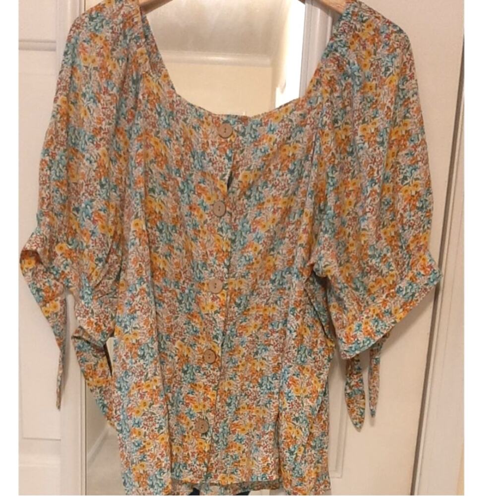 Cottagecore Lauren Conrad Floral Button Down Balloon Sleeve Top Size XXL